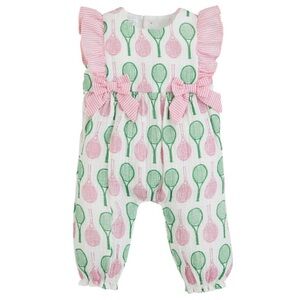 Mudpie Tennis Print Seersucker Sleeveless Romper Longall New Size 3-6M